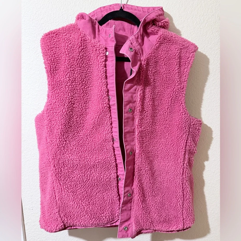 Carhartt Women’s Pink Hooded Sherpa Lined Vest Large Snap Front - Picture 6 of 10